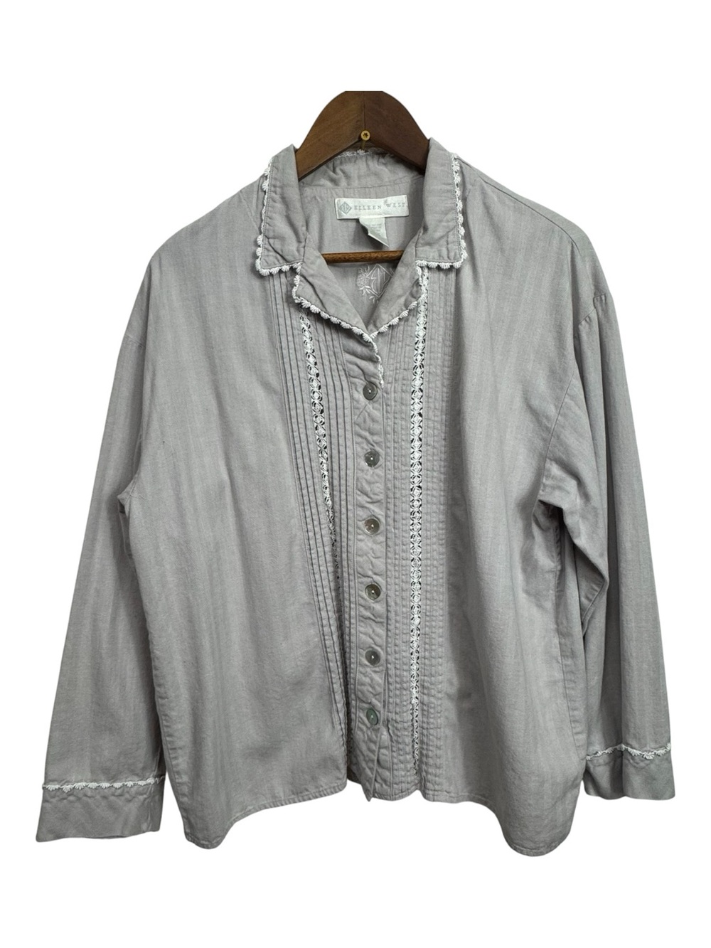 Eileen West Gray Button-Front  Cotton Lace-Trim Sleep Top Medium